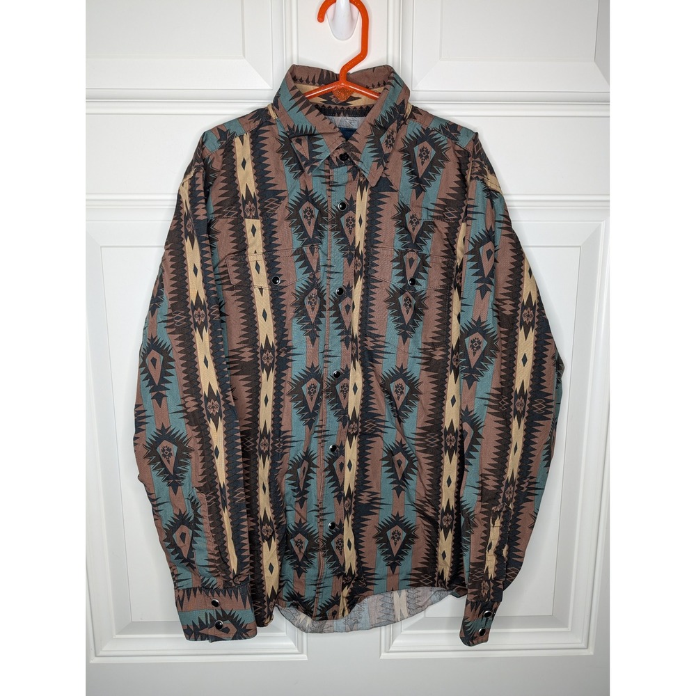 Wrangler Checotah Long Sleeve Snap Shirt Aztec Brown Teal Boys Large Western